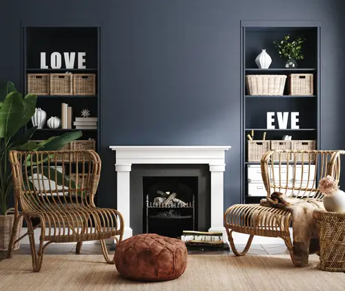 White Boho Chic in Blue Bedroom Fireplace