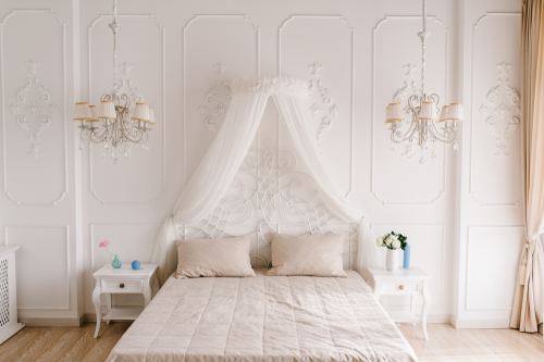 White & Beige French Country Canopy Bed
