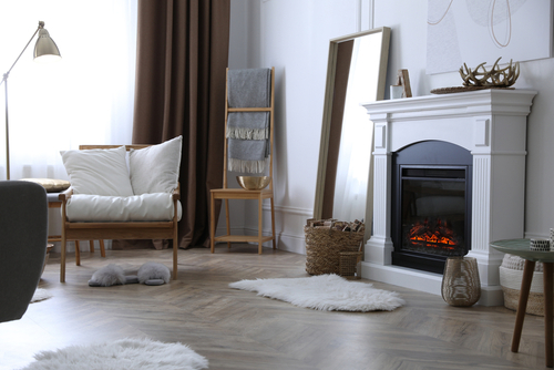 White Scandinavian Bedroom Fireplace 