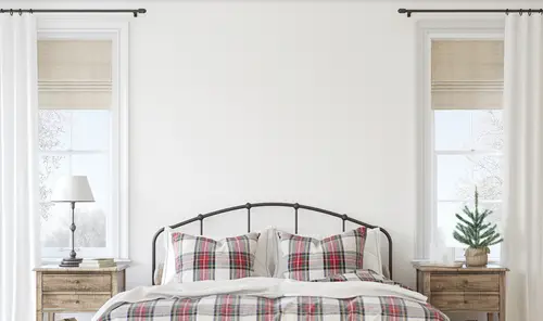 Farmhouse White Bedrooms with Red Plaid Bedding