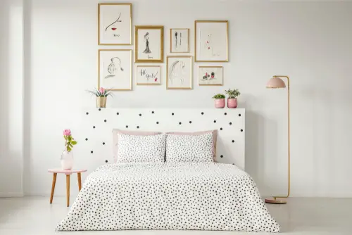 White Patterned Headboard With Similar Bedding