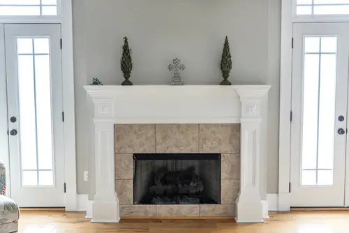 White & Tiled Scandinavian Bedroom Fireplace 