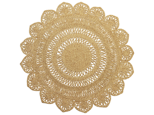  A Round Beige Jute Rug with a Floral Pattern