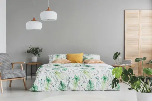 Scandinavian Bedrooms In Gray with Botanical Accents