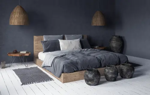 Rustic Gray Bedrooms with Ethnic Setting