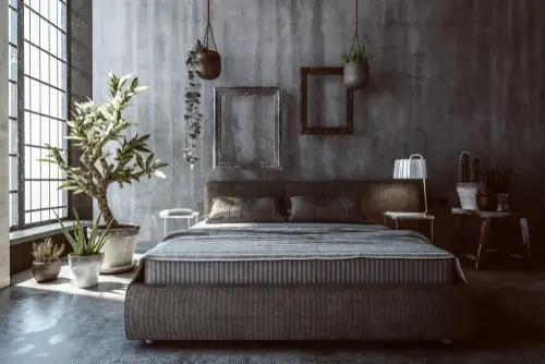 Rustic Gray Bedrooms with Grey Concrete Walls