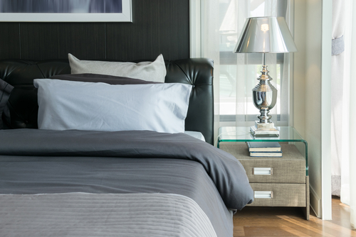 Transitional Bedrooms In Gray with Leather Headboard