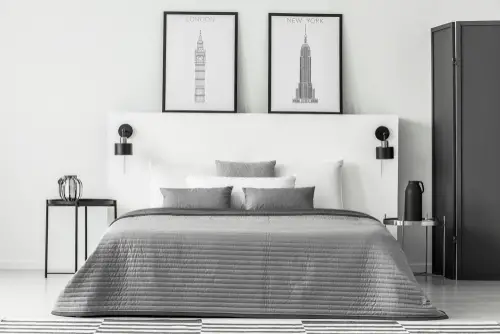 Scandinavian Bedrooms In Gray with Monochromatic Bedroom Interior