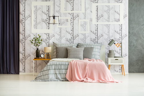 Scandinavian Bedrooms In Gray with Nature Inspired Wallpaper