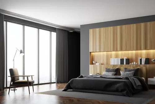 Contemporary Bedrooms In Gray with Wooden Panelling