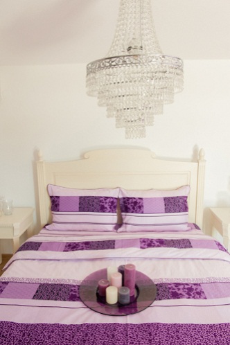 French Country Bedrooms in Light Lilac with Carved Bed