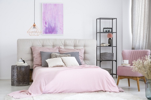 Industrial Light Lilac Bedrooms with Designer Bed