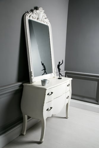 French Country Gray Bedroom with White Dressing Table