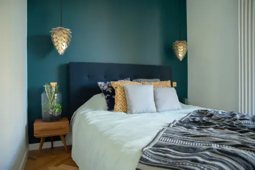 Transitional Teal Bedrooms with Accented Wall