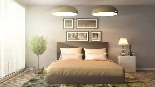 Mid-Century Gray Bedroom with Beige-Accents
