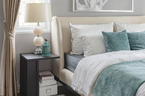 Transitional Teal Bedrooms with Bed Linen