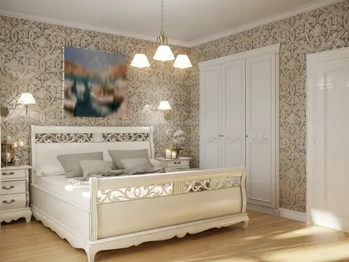 Traditional Gray Bedroom with Exciting Wallpaper