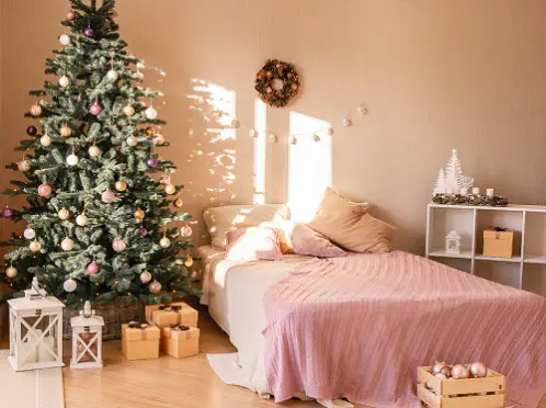 Rustic Bedrooms in Light Lilac with Festive Decor