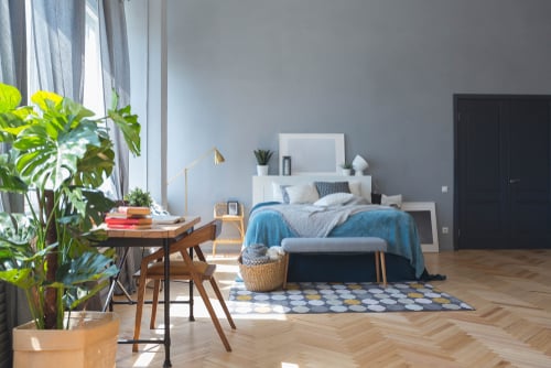 Scandinavian Teal Bedrooms with Grey Interior