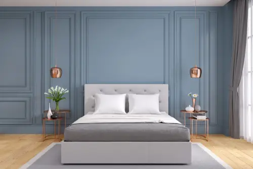 Contemporary Teal Bedrooms with Molded Walls