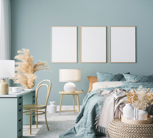 Scandinavian Teal Bedrooms with Monochromatic setting