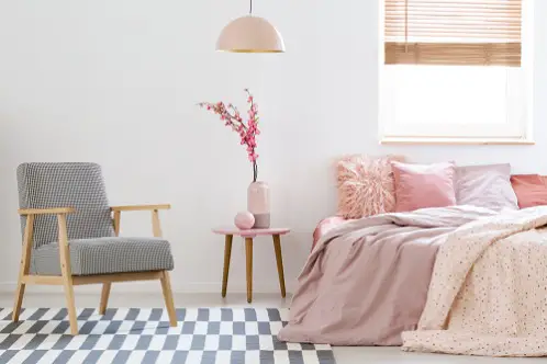 Mid-Century Light Lilac Bedroom with Pastel Hues