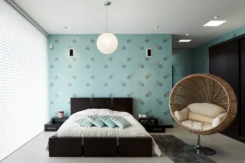 Contemporary Teal Bedrooms with Patterned Wallpaper
