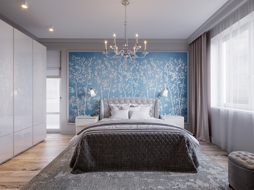 Transitional Teal Bedrooms with Patterned Wallpaper