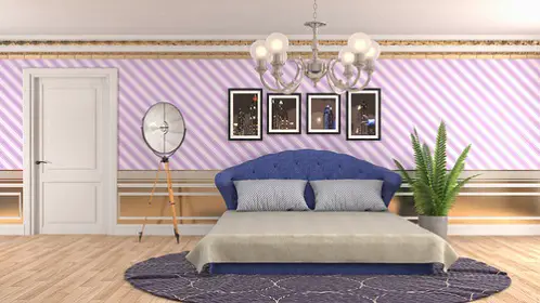 Mid-Century Light Lilac Bedroom with Patterned Wallpaper