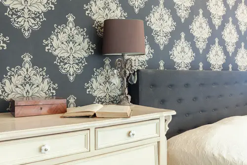 Mid-Century Gray Bedrooms with Patterned Wallpaper