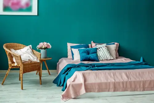 Traditional Teal Bedroom with Pink Accents