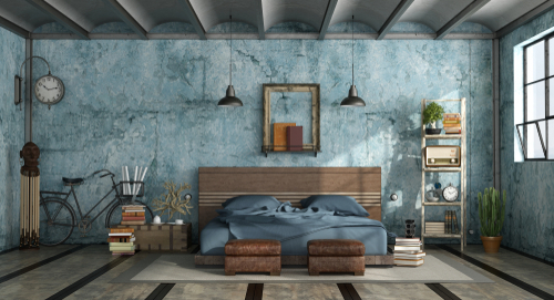 Industrial Teal Bedrooms with Rustic Decor