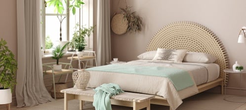 Scandinavian Bedrooms in Light Lilac with Wicker Furniture 