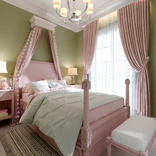 Traditional Bedrooms  with Khaki Green and  Pink