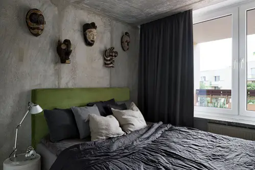 Industrial Bedrooms in Khaki Green with Accent Headboard