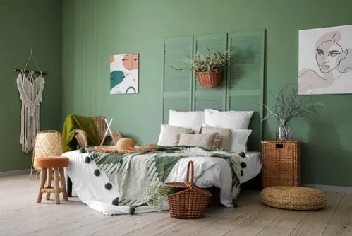 Boho Chic Bedrooms in Khaki Green with Artistic Details 