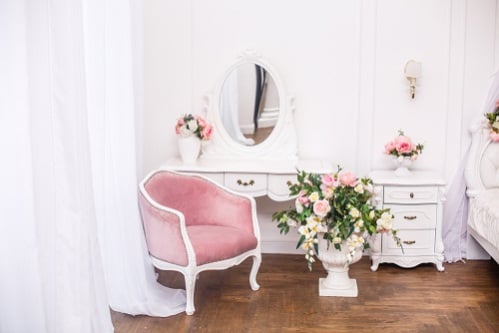  French Country Bedroom with Accent Chair in Blush Pink