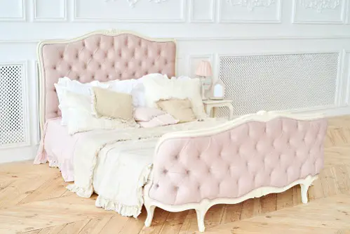  French Country Bedrooms in Blush Pink with Upholstered Bed