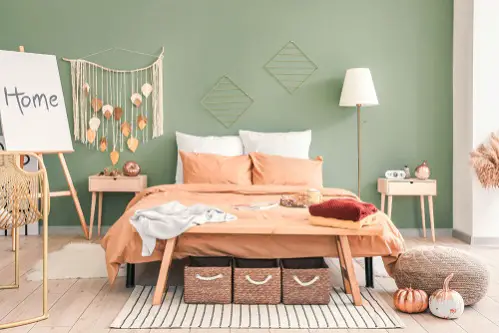 Boho Chic Bedrooms in Khaki Green with Autumn Decor