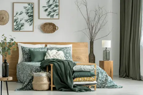 Boho Chic Bedrooms with Khaki Green Fabrics