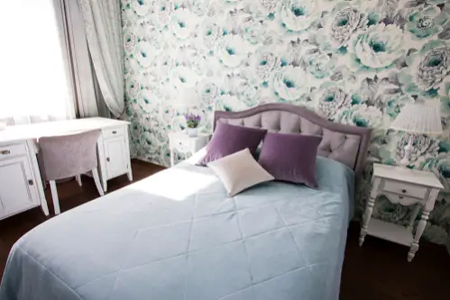 French Country Bedrooms in khaki green with Floral Wallpaper