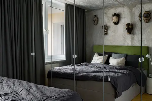 Industrial Bedrooms with Khaki Green Headboard 
