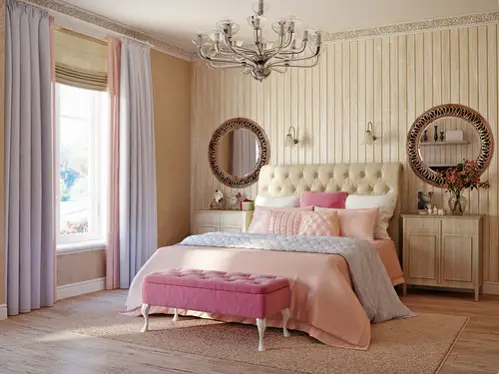 French Country Bedrooms in Blush Pink with Rustic Details