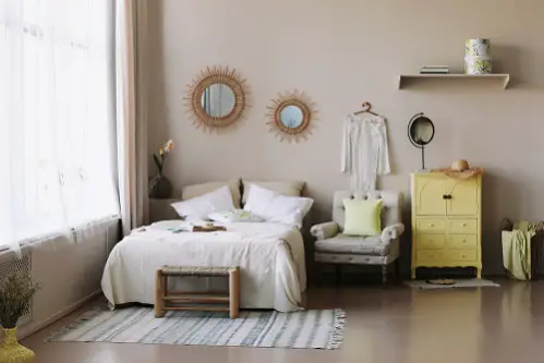 Scandinavian Bedrooms with Yellow Dresser 