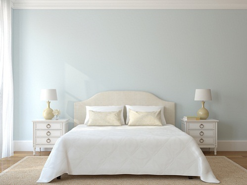 French Country Bedrooms with Accent Wall in Ice Blue