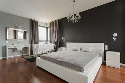 Transitional Bedrooms in Soft Black with Accent Walls