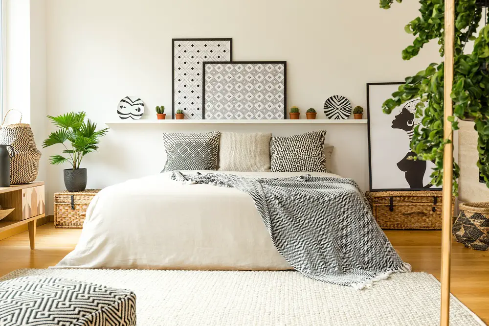 Boho Chic Bedrooms in Light Gray with Add Patterns