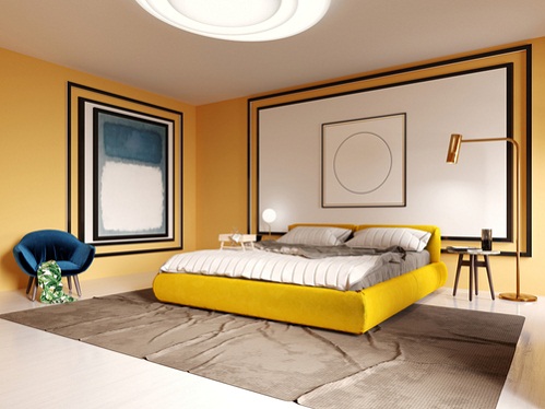 Contemporary Bedrooms in Lemon Yellow With Accent Bed