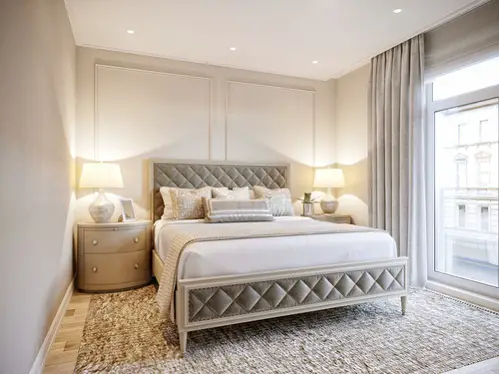 Contemporary Bedrooms in Light Gray with Accent Bed