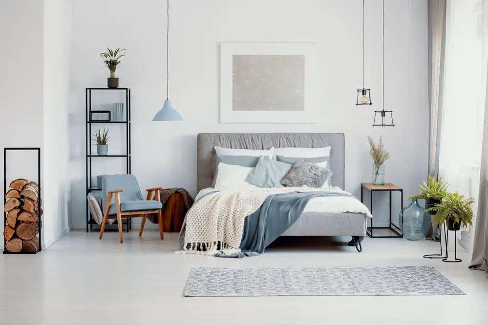 Industrial Bedrooms in Ice Blue with Accent Chair